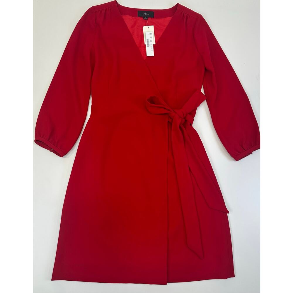 NWT J.Crew Bright Red Long Sleeve Faux Wrap Dress Size 2 - Picture 2 of 9